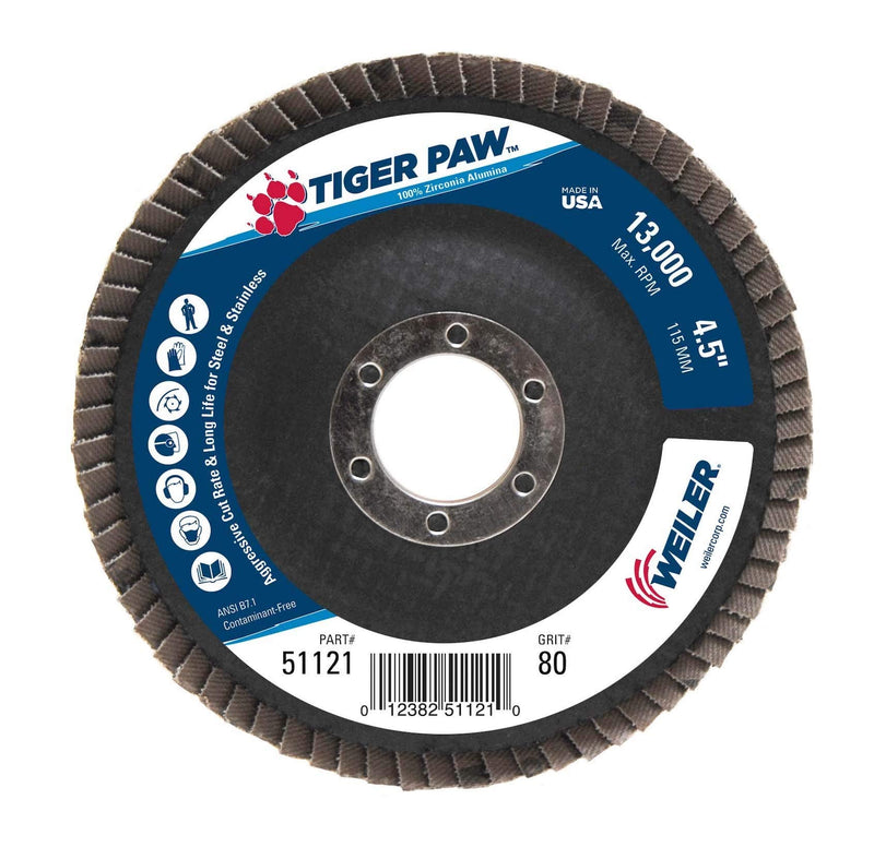 Weiler 51121 4-1/2" Tiger Paw Abrasive Flap Disc, Angled (Ty29), Phenolic Backing, 80Z, 7/8" Arbor Hole, Made in The USA (Pack of 10) Type 29 7/8" Arbor 80 Grit