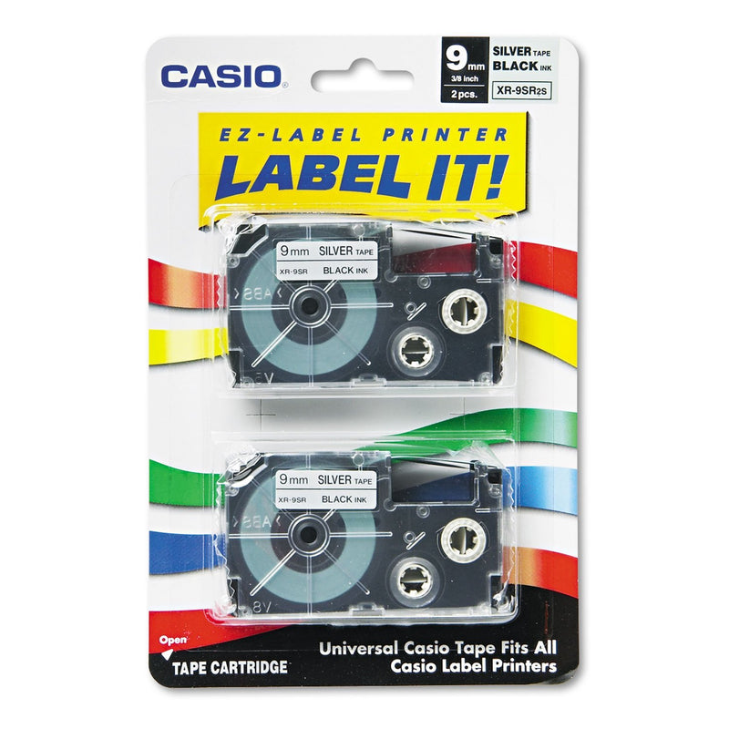 "Tape Cassettes for KL Label Makers, 9mm x 26ft, Black on Silver, 2/Pack"