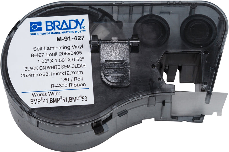 Brady Self-Laminating Vinyl Label Tape (M-91-427) - Black on White, Semi Clear Tape - Compatible with BMP41, BMP51, BMP53 Label Printers - 1.5" Height, .5" Width 1"x1.5"x.5"