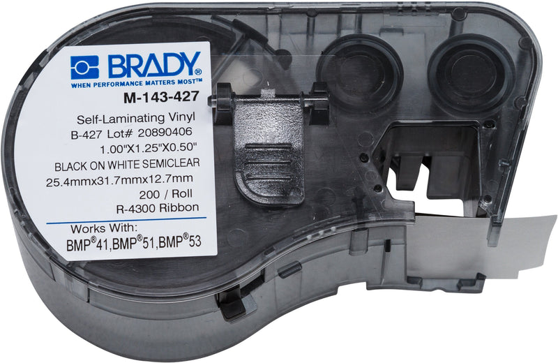 Brady Self-Laminating Vinyl Label Tape (M-143-427) - Black on White, Translucent Tape - Compatible with BMP41, BMP51, and BMP53 Label Makers - 1.25" Height, 1" Width, Black on White/Semiclear 1"x1.25"x .5"