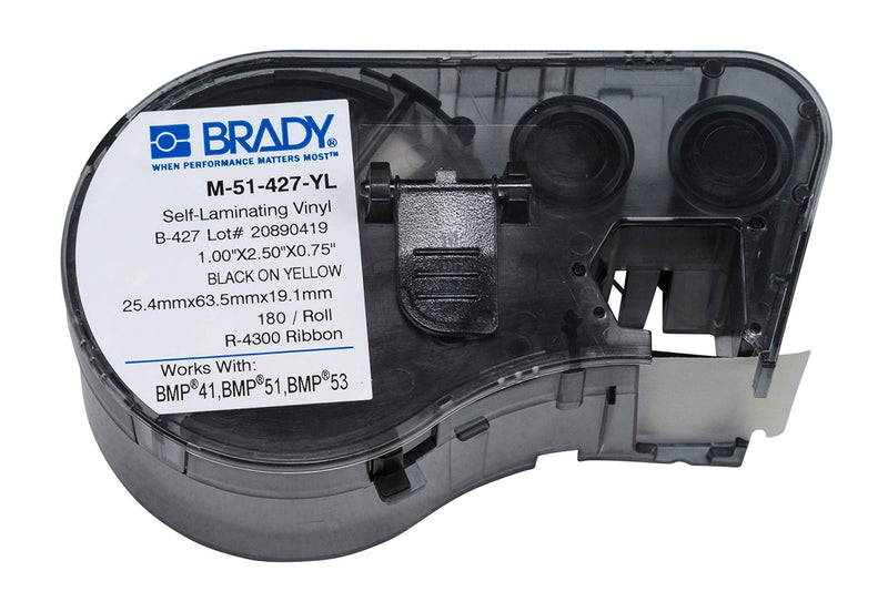 Brady Self-Laminating Vinyl Label Tape (M-51-427) - Black on White, Semi Clear Tape - Compatible with BMP41, BMP51, BMP53 Label Printers - 2.5" Height.75" Width 1.0"x2.5"x.75"