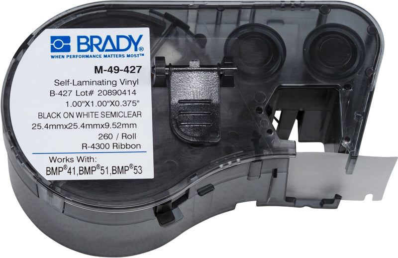 Brady - 131580 Self-Laminating Vinyl Label Tape (M-49-427) - Black on White, Translucent Tape - Compatible with BMP41, BMP51, and BMP53 Label Makers - 1" Height, .375" Width