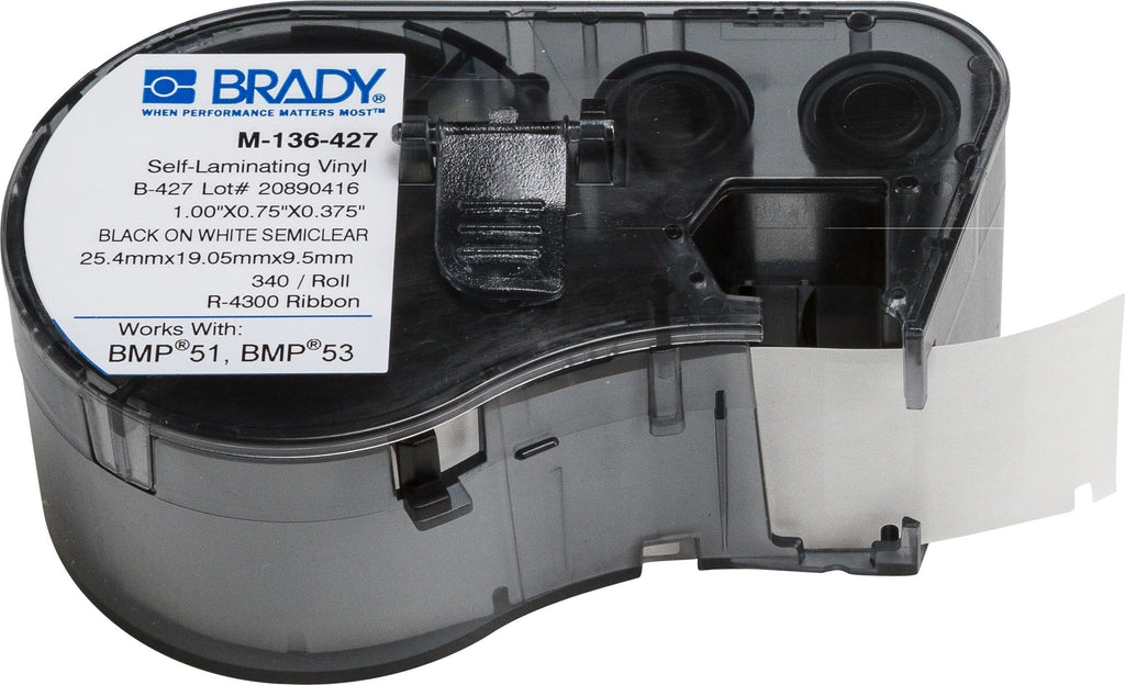 Brady Self-Laminating Vinyl Label Tape - Black on White, Translucent Tape - Compatible with BMP41, BMP51, and BMP53 Label Makers - .75" Height.375" Width (M-136-427)