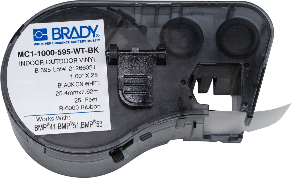 Brady - MC1-1000-595-WT-BK Official (MC-1000-595-WT-BK) High Adhesion Vinyl Label Tape, Black on White - Designed for BMP41, BMP51 and BMP53 Label Printers - 25' Length, 1" Width