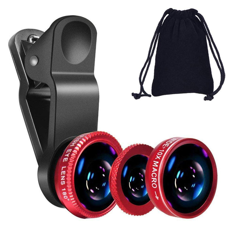 KINGMAS 3 in 1 Universal Fish Eye Lens + Wide-Angle Lens + Macro Clip Camera Lens Kit for iPad iPhone Samsung Android and Most Smartphones red