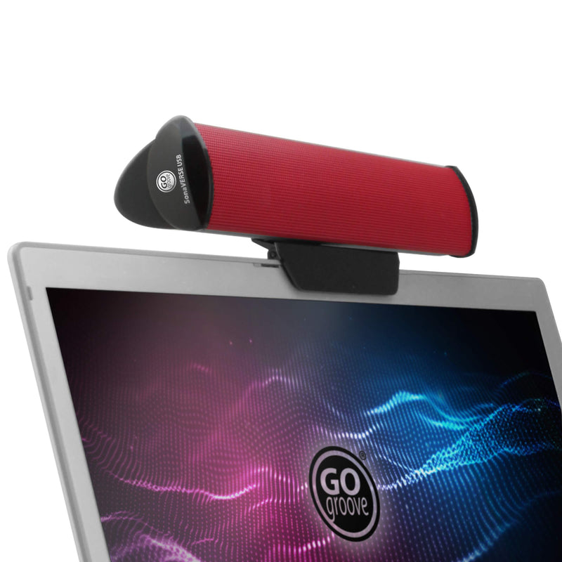 GOgroove SonaVERSE USB Speakers for Laptop Computer - USB Powered Mini Sound Bar with Clip-On Portable External Speaker Design for Monitor, One Cable for Digital Audio Input and Power (Red) Red