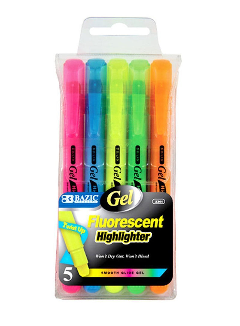 Bazic Gel Fluorescent Highlighters, Assorted Colors, Pack of 5