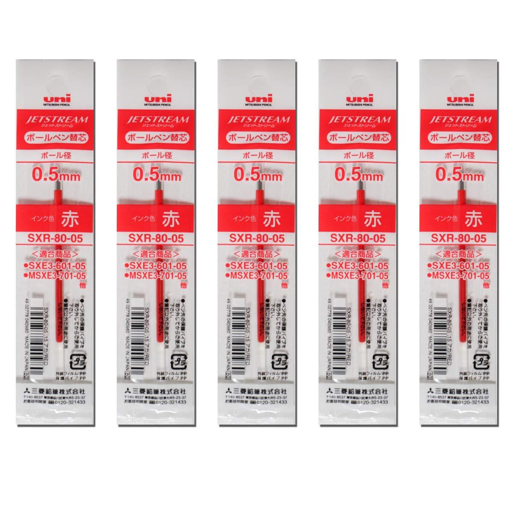 uni JETSTREAM SXR-80-05 Ballpoint Pen Refills for Standard Pens 0.5mm (Red, 5 Pack)