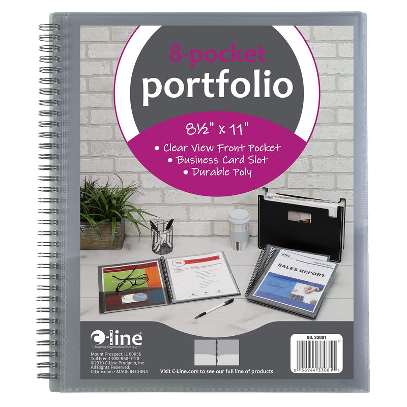 C-Line 8-Pocket Spiral-Bound Poly Portfolio, Letter Size, 1 Portfolio, Smoke Gray (33081)