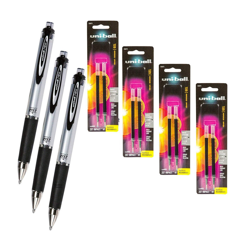 Uni-Ball Signo Impact 207 Rt 65870 Pack of 3 with 4 Packs of Refills 65873 Black Gel Ink 1.0mm Bold Point