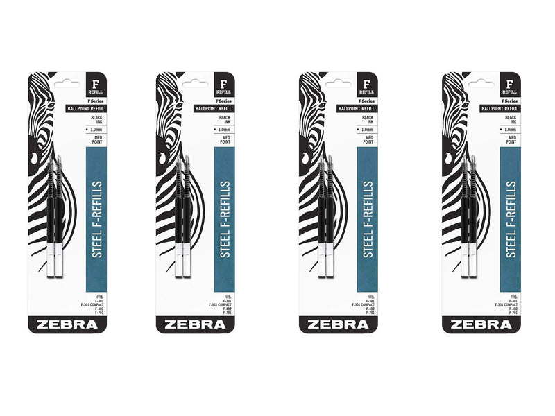 Zebra Ballpoint Pen F-Refill 85412, 1.0mm, Medium Point, Black, 4 Pack, 8 Refills