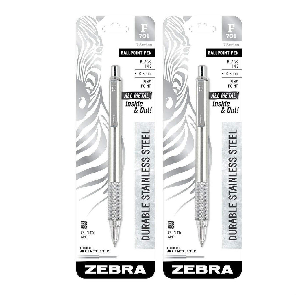 Zebra F-701 Stainless Steel Ballpoint Retractable Pen, Black Ink.8mm Fine Point, 2 Pack