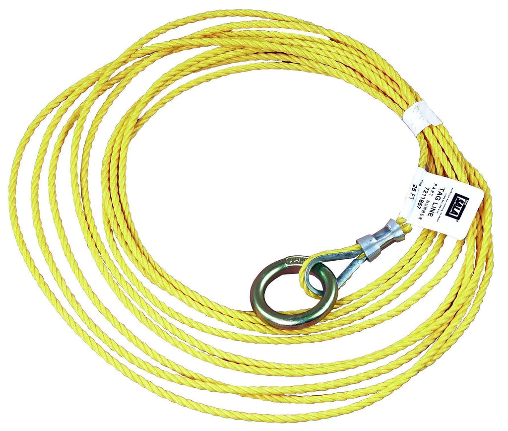 3M DBI-SALA 7211857 Tagline, For Self Retracting Lifeline, 25', 3/16" Polypropylene Rope, with O-Ring At One End, Yellow