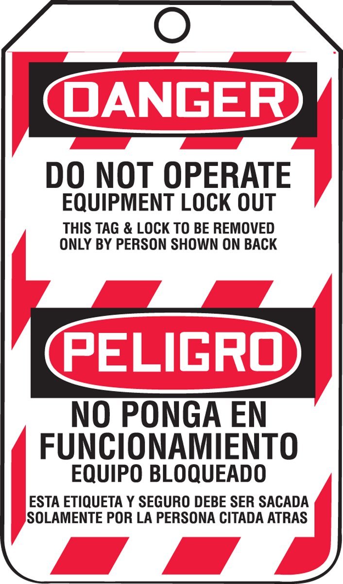 Accuform Lockout Tags, Pack of 25, Bilingual Danger Do Not Operation Equipment Lock Out, US Made OSHA Compliant Tags, Tear & Water Resistant PF-Cardstock, 5.75"x 3.25", TSP105CTP