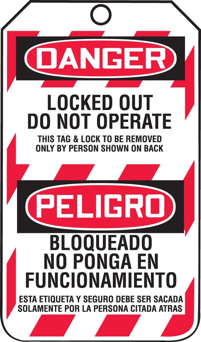 Accuform TSP103PTP Spanish Bilingual Lockout Tag, Legend "DANGER LOCKED OUT DO NOT OPERATE/ PELIGRO BLOQUEADO NO PONGA EN FUNCIONAMIENTO", 5.75" Length x 3.25" Width x 0.015" Thickness, RP-Plastic, Red/ Black on White (Pack of 25) 25 Tags