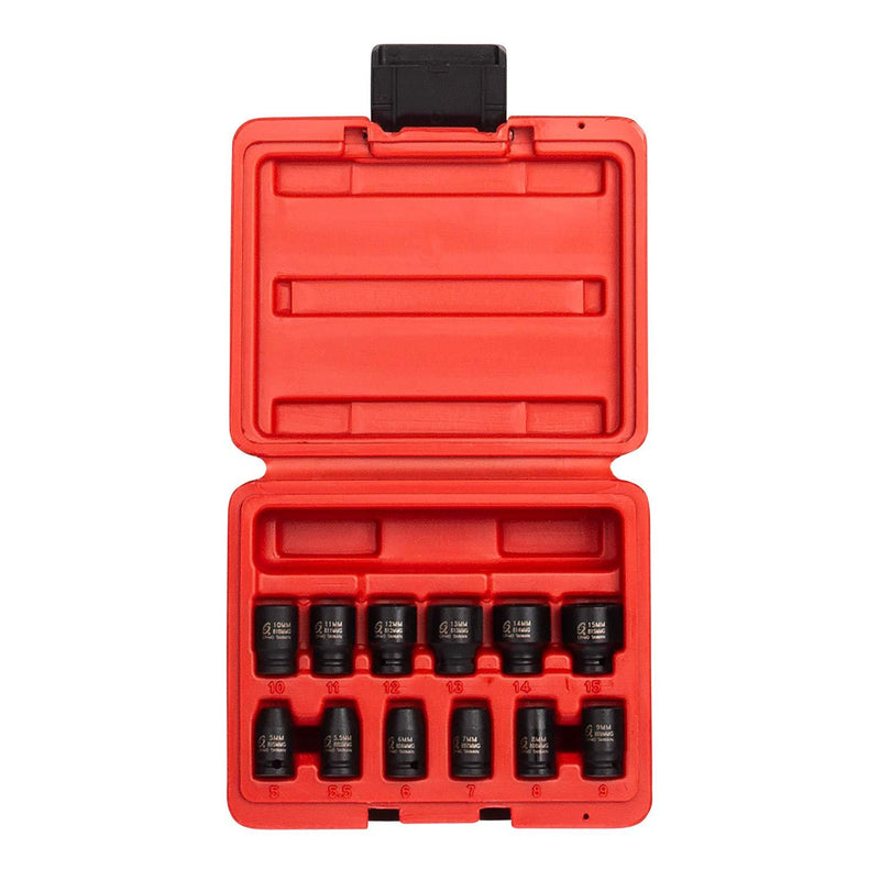 Sunex 1822, 1/4 Inch Drive Magnetic Impact Socket Set, 12-Piece, Metric, 5mm-15mm, Cr-Mo Alloy Steel, Radius Corner Design, Dual Size Markings, Heavy Duty Storage Case