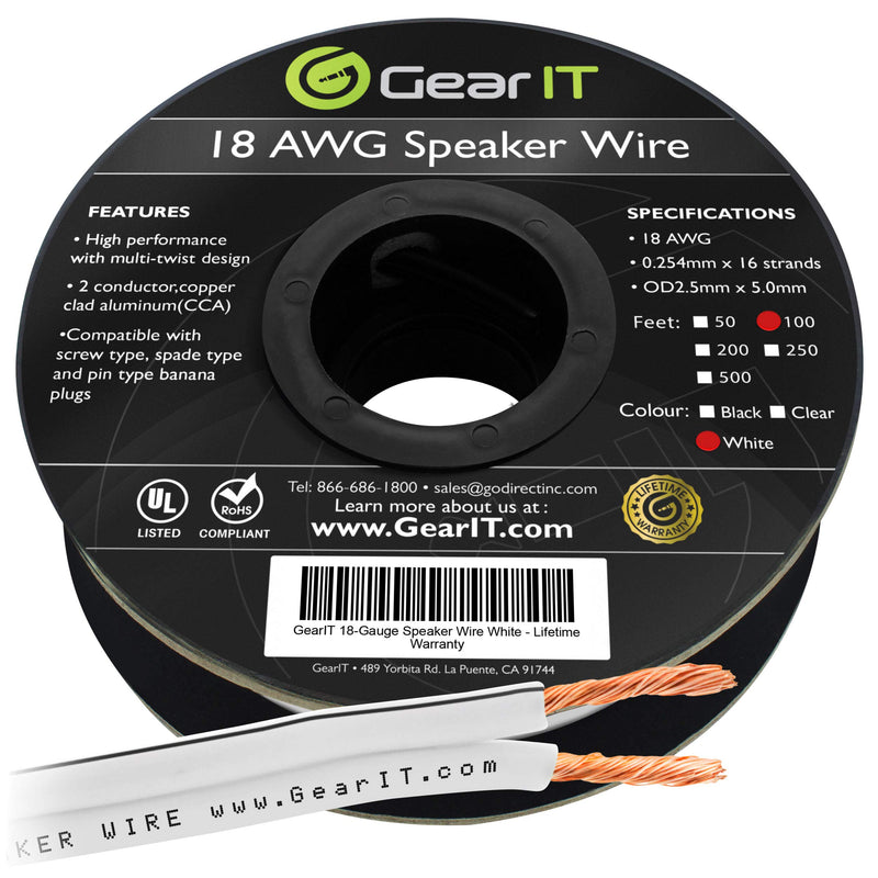 18AWG Speaker Wire, GearIT Pro Series 18 AWG Gauge Speaker Wire Cable (100 Feet / 30.48 Meters) Great Use for Home Theater Speakers and Car Speakers White 100 Feet