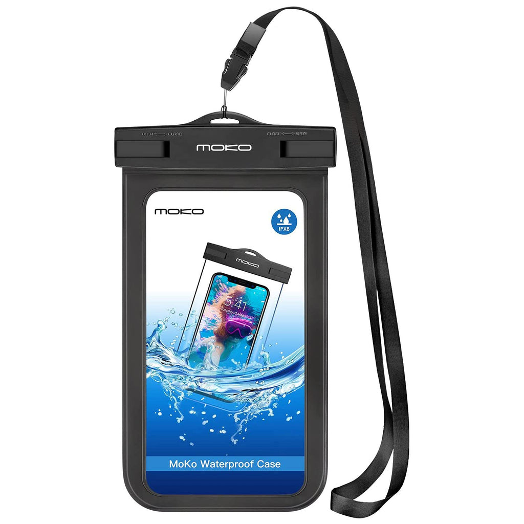 MoKo Waterproof Phone Pouch Holder, Underwater Cellphone Case Dry Bag with Lanyard Armband Compatible with iPhone 13/13 Pro Max/iPhone 12/12 Pro Max/11 Pro Max, Xr/Xs Max, 8, Samsung S21/S20/S10/S9 Black