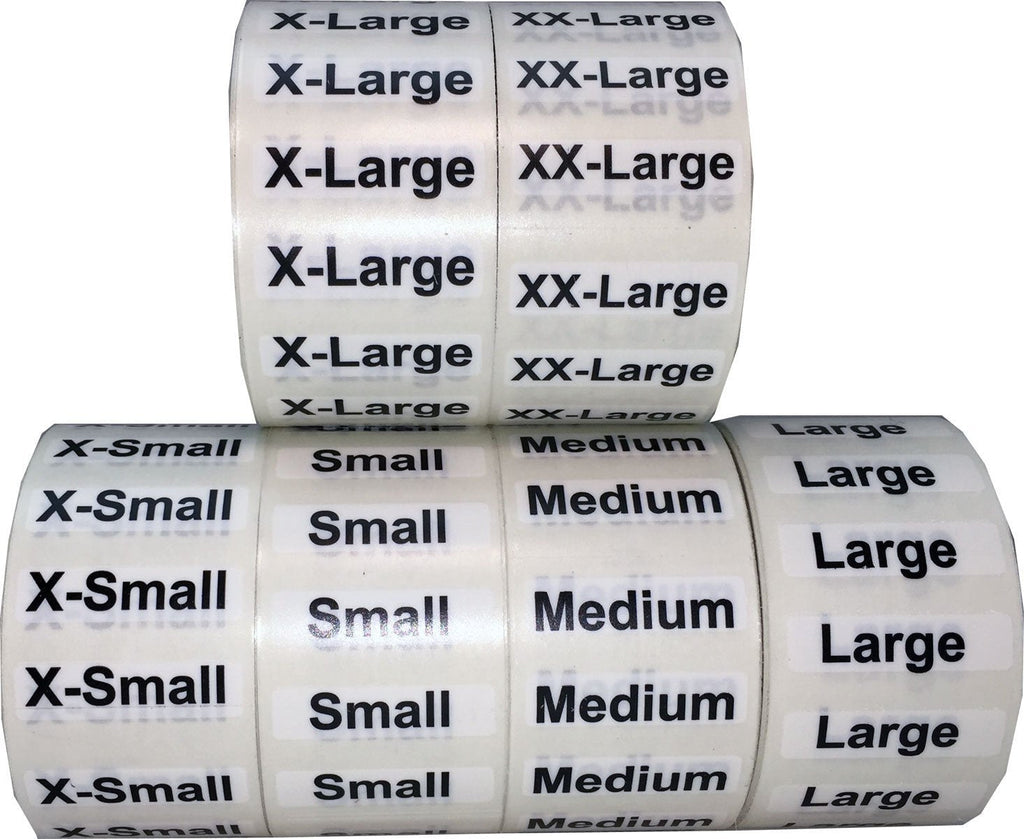 XS-XXL Clothing Size Strip Labels 1.25 x 5" 1 Roll Each 125 Adhesive Stickers Per Roll 750 Adhesive Stickers, Clear with Black and White Ink Bulk Pack