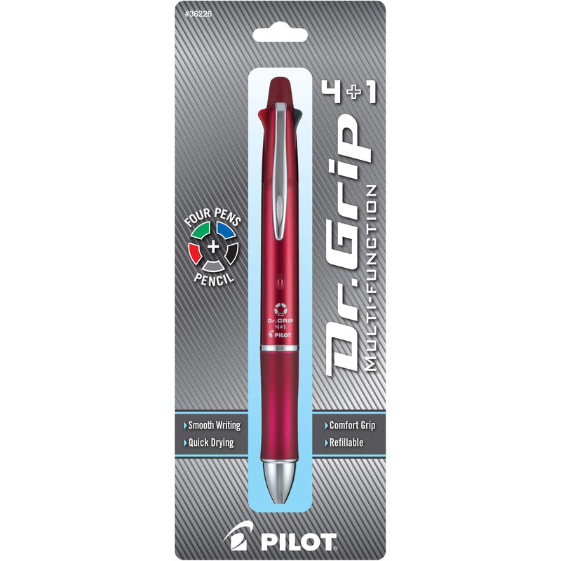 PILOT Dr. Grip 4+1 Multi-Function Refillable & Retractable Ballpoint Pen + Pencil, Fine Point, Burgundy Barrel, Black/Red/Blue/Green Inks, Single Pen (36226)