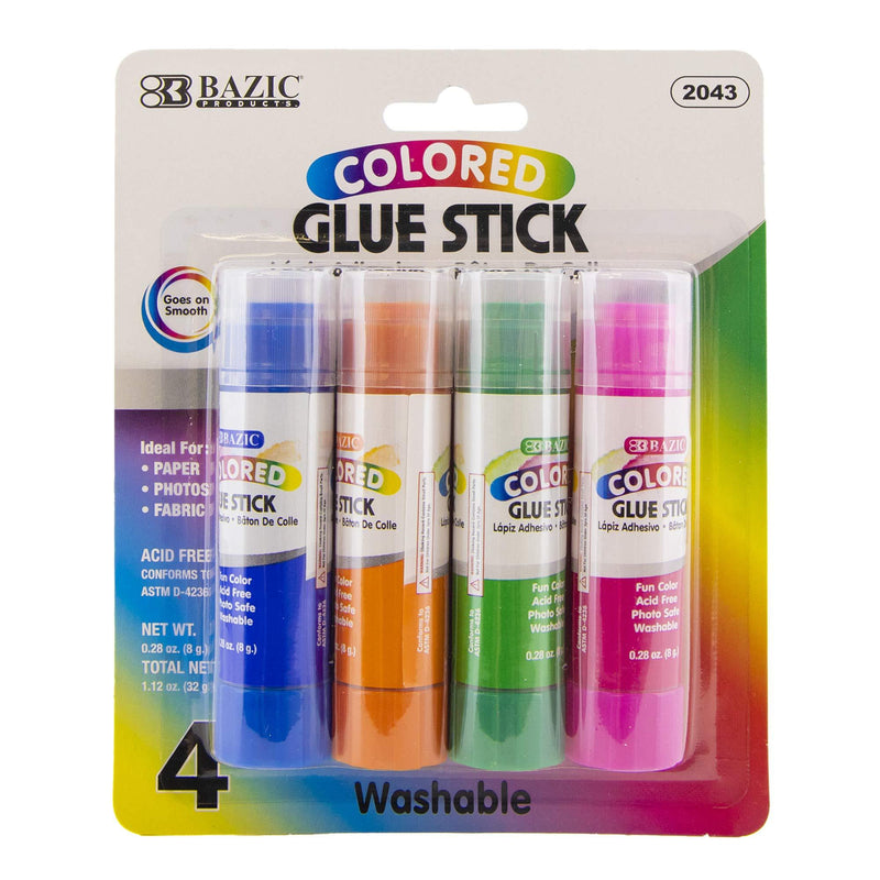 BAZIC Washable Colored Glue Stick 8g/0.28 Oz, All Purpose Acid Glue Sticks for Kids Photos Paper Kids at School Home Office (4/Pack), 1-Pack 4-count (8g / stick)