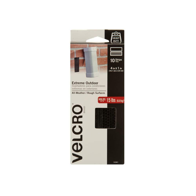 VELCRO Brand Outdoor Heavy Duty Strips | 4 x 1 Inch Pk of 10 | Holds 15 lbs | Black Extreme Hook and Loop Tape Industrial Strength Adhesive | Weather Resistance for Rough Surfaces (91841) 4in x 1in (10Pk)