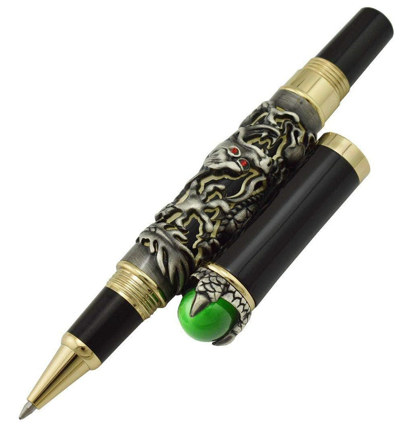 Jinhao Gray Dragon Playing Pearl Roller Ball Pen with Jewelry on Top with Pen Pouch for Journal Writing，Travel Diary