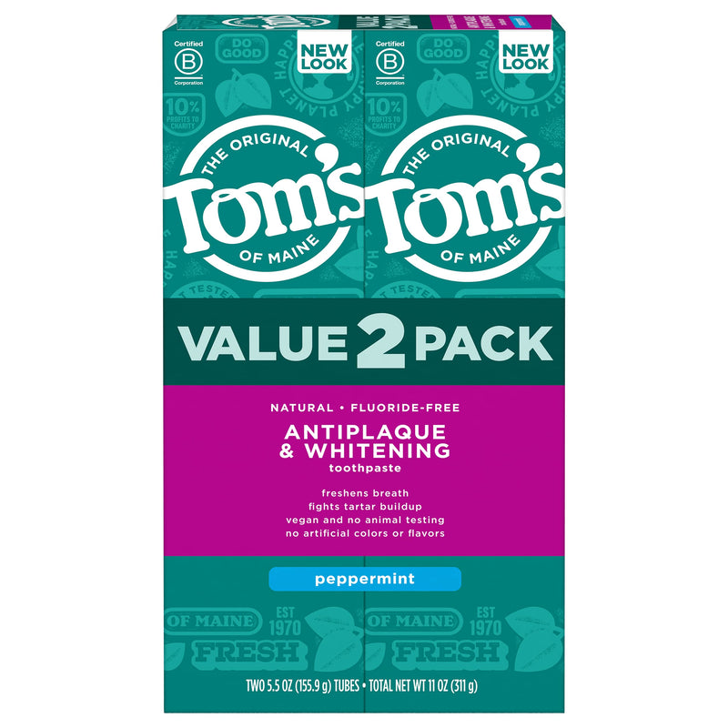 Tom's of Maine Fluoride-Free Antiplaque & Whitening Natural Toothpaste, Peppermint, 5.5 oz. 2-Pack 5.5 Ounce, 2 Pack