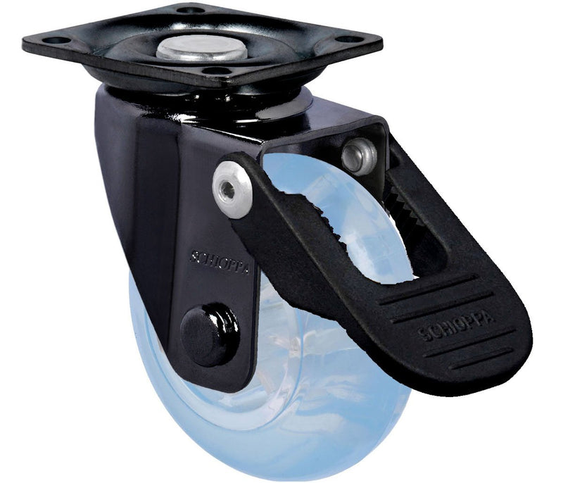 Schioppa, GLAP 210 GEL Blue FPI–BR, 2" (50 mm) Swivel Brake Caster, Non-Marking Polyurethane Whl, 90 lbs, Plate 1-21/32 x 1-21/32" (BH 1-1/4 x 1-1/4")