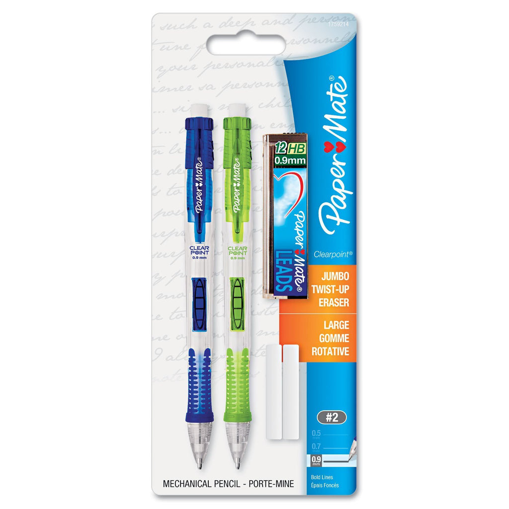 Paper Mate 1759214 Clear Point Mechanical Pencil Starter Set, 0.9 mm, Lime Green, Royal Blue, 2/Set