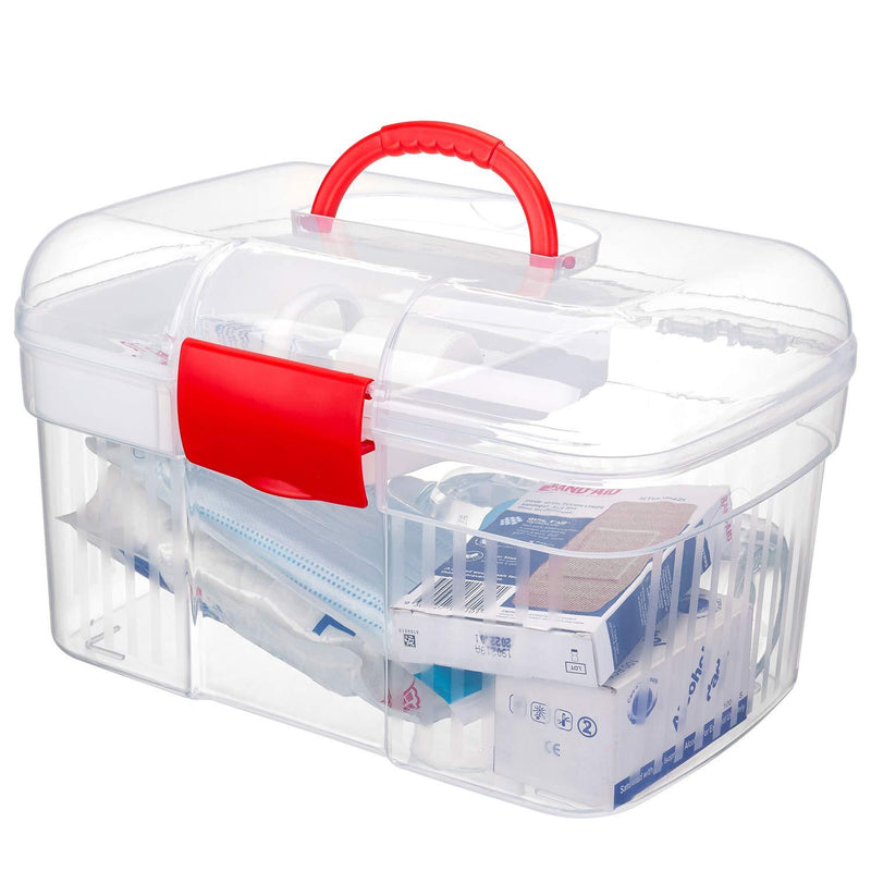 MyGift Red First Aid Clear Container Bin/Family Emergency Kit Storage Box w/Detachable Tray