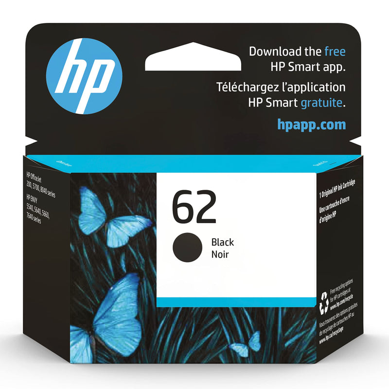 Original HP 62 Black Ink Cartridge | Works with HP ENVY 5540, 5640, 5660, 7640 Series, HP OfficeJet 5740, 8040 Series, HP OfficeJet Mobile 200, 250 Series | Eligible for Instant Ink | C2P04AN