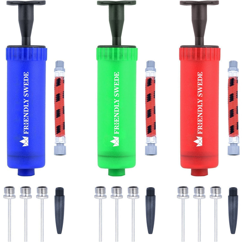 The Friendly Swede Sports Ball Pump, Needles and Nozzles Included - Multipack Blue + Green + Red