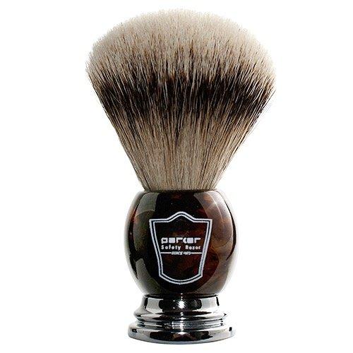 Parker Safety Razor - Faux Horn Handle, 100% Silvertip Badger Men's Shaving Brush & Stand, Hand Crafted with Parker's Long Loft Bristles