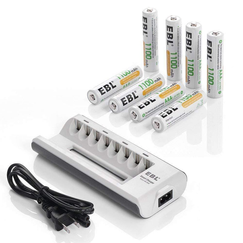 EBL AAA Rechargeable Batteries Precharged 8 Pieces 1.2V 1100mAh AAA Batteries with Battery Charger for AA AAA Batteries 8-Bay in-pair Charger + 8AAA