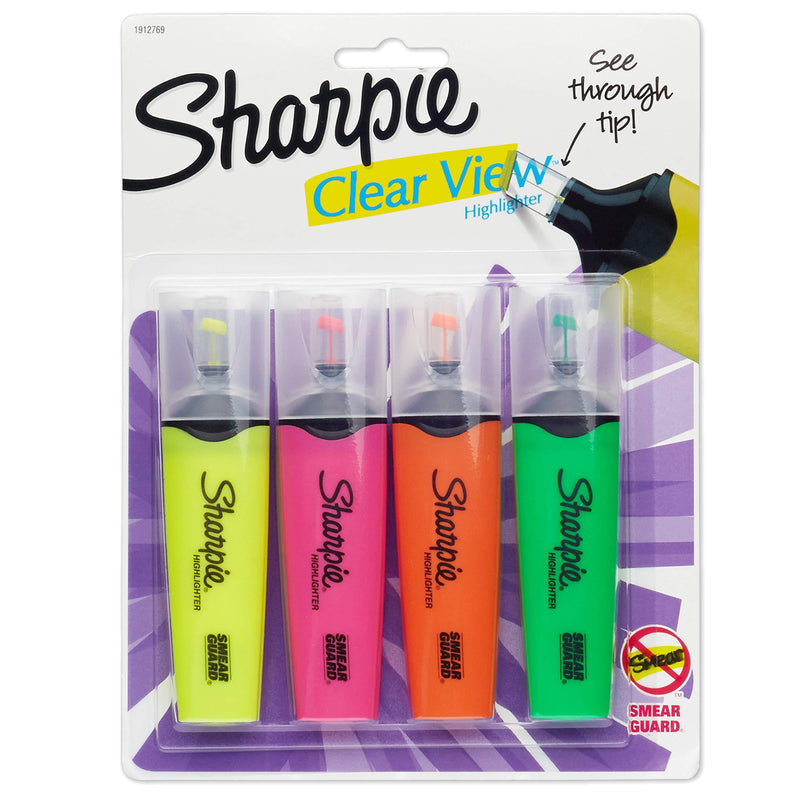 Sharpie 1912769 Clear View Highlighters, Chisel Tip, Assorted Colors, 4-Count Yellow+Pink+Orange+Green