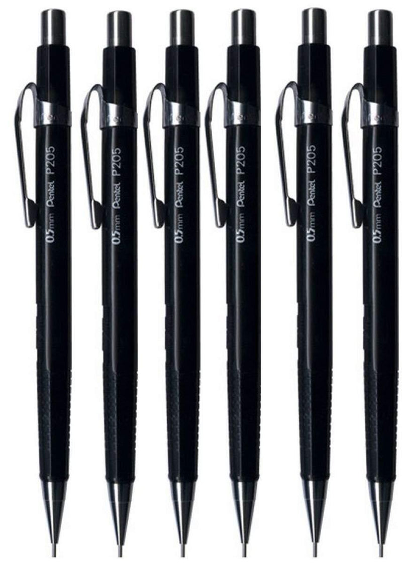 Pentel 0.5mm (P205) Black P200 Series Automatic Mechanical Drafting Pencil Refillable Lead Eraser P205-A (Pack of 6)