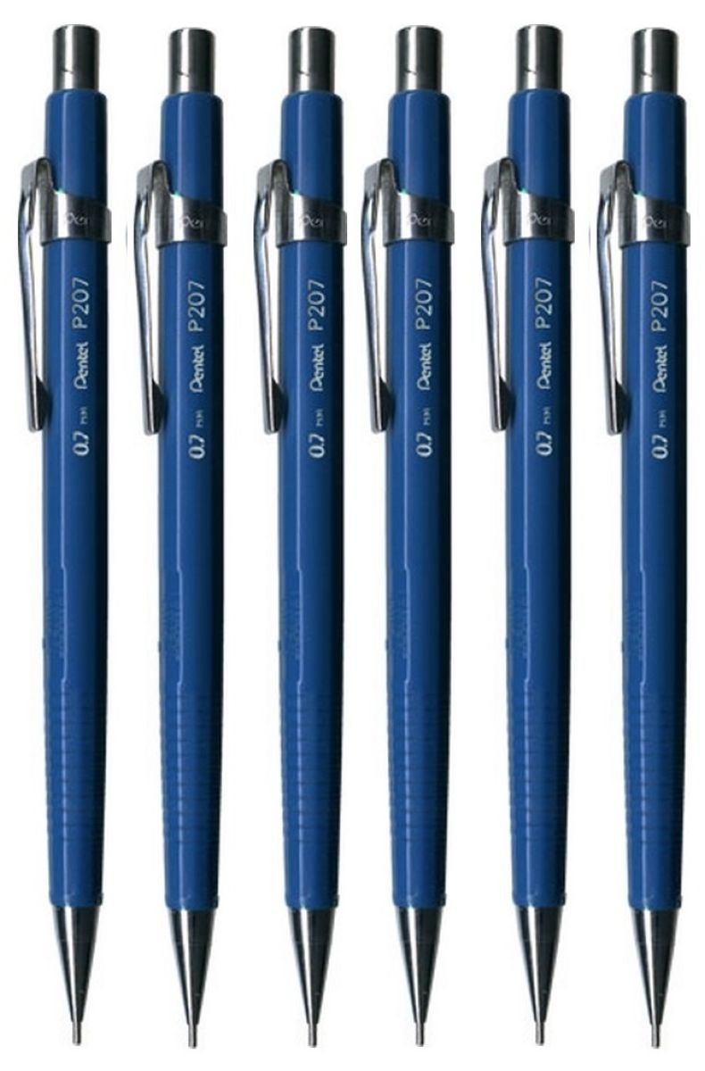 Pentel 0.7mm (P207-C) Blue P200 Series Automatic Mechanical Drafting Pencil Refillable Lead Eraser (Pack Of 6)