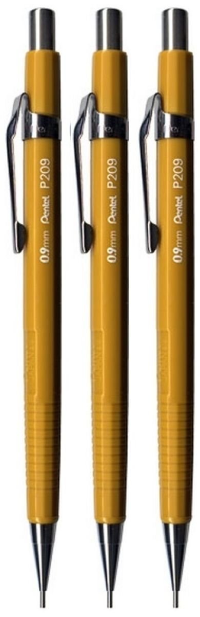 Pentel 0.5mm (P209-G) Yellow P200 Series Automatic Mechanical Drafting Pencil Refillable Lead Eraser (Pack of 3)