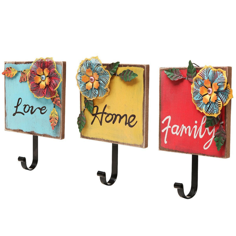 MyGift Wood & Metal Wall Mounted Coat and Key Hooks with Tropical Flower Family, Home, Love Design, 3 Piece Set