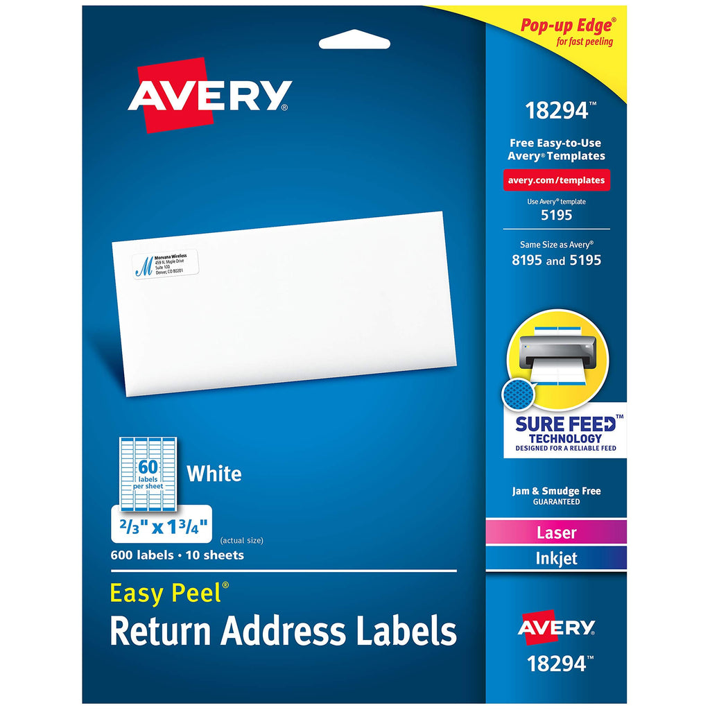 Avery Return Address Labels with Sure Feed for Laser & Inkjet Printers, 2/3" x 1-3/4", 600 Labels, Permanent Adhesive (18294),White 1 Pack