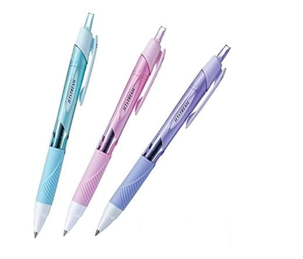 uni-ball Jetstream Extra Fine & Micro Point Click Retractable Roller Ball Pens,-Rubber Grip Type -0.38mm-Black Ink-Color Body Type-Sky Blue,Light Pink,Lavender Body- Each 1 Pen- Value Set of 3