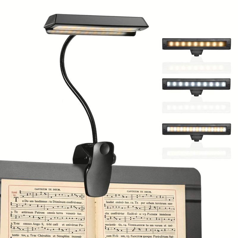 Rechargeable Music Stand Light, 19 LEDs Clip On Reading Light - 3 Level Brightness Settings, 3 Color Temperature Optional (Warm/Cool White/Natural Light Color), Perfect for Piano, Reading, Sewing Black