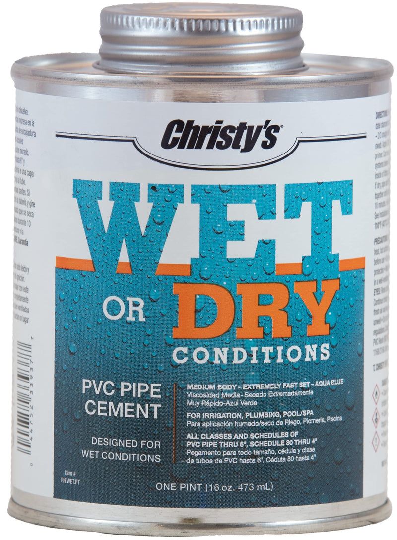Christy's Wet Or Dry Conditions PVC Cement - Medium Body, Extremely Fast Set, Low-VOC, Aqua Blue, 1 Pint (16 fl oz)