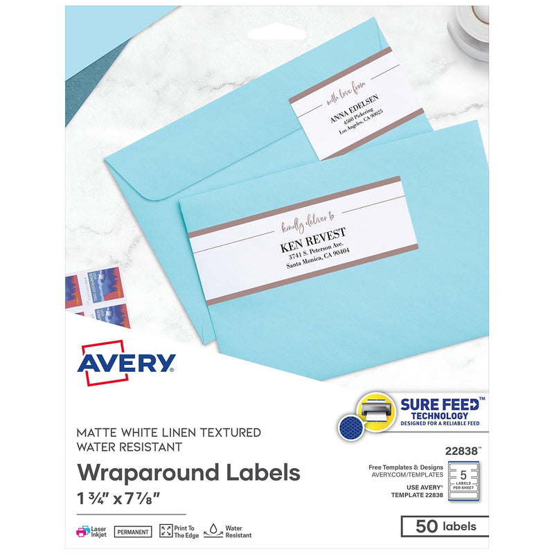 Avery Printable Wraparound Rectangle Labels, 7.85" x 1.75", Textured White, 50 Customizable Labels (22838)