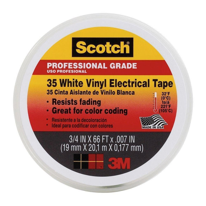 3M 10828 Scotch 35 Vinyl Electrical Color Coding Tape, 3/4-Inch x 66ft, White