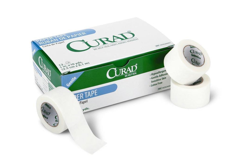 Curad Paper First Aid Tape, Medical Paper Tape, Each Roll is 1" x 10 yds (Box of 12)