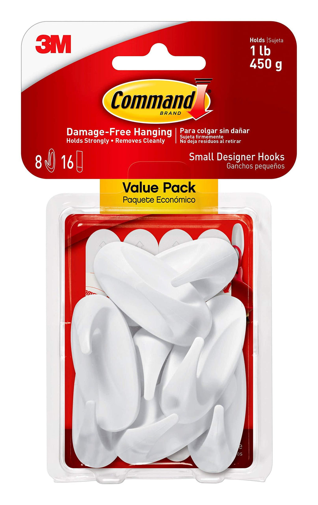 Command Small Designer Hooks, White, 8-Hooks, 16-Strips, Organize Damage-Free 8 Hooks