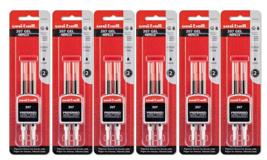 Uni-Ball Signo 207 Gel Pen Refills, 0.7mm, Medium Point, Black Ink, Pack of 12