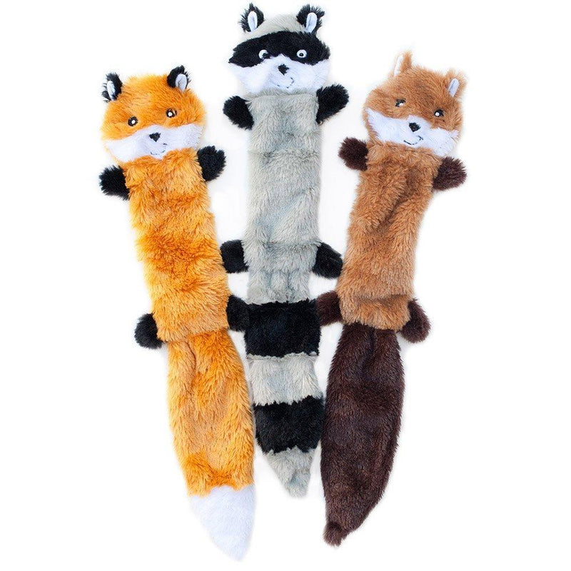 ZippyPaws - Skinny Peltz No Stuffing Squeaky Plush Dog Toy, Fox, Raccoon, and Squirrel Large 3 Skinny Peltz